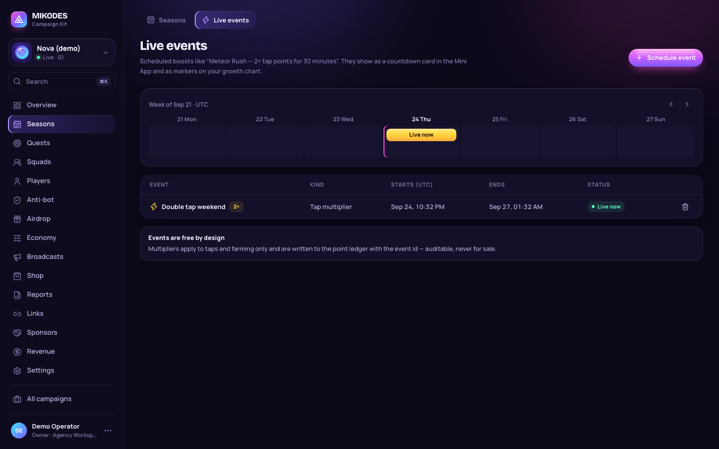 Live events calendar with a double-tap weekend event