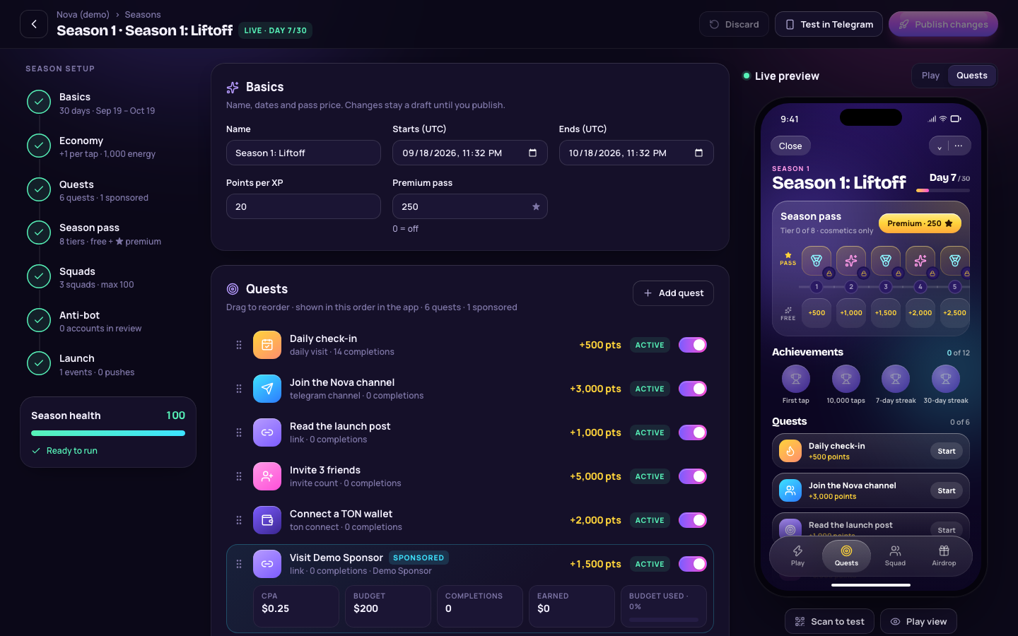 Season builder with quests and a live phone preview of the Mini App