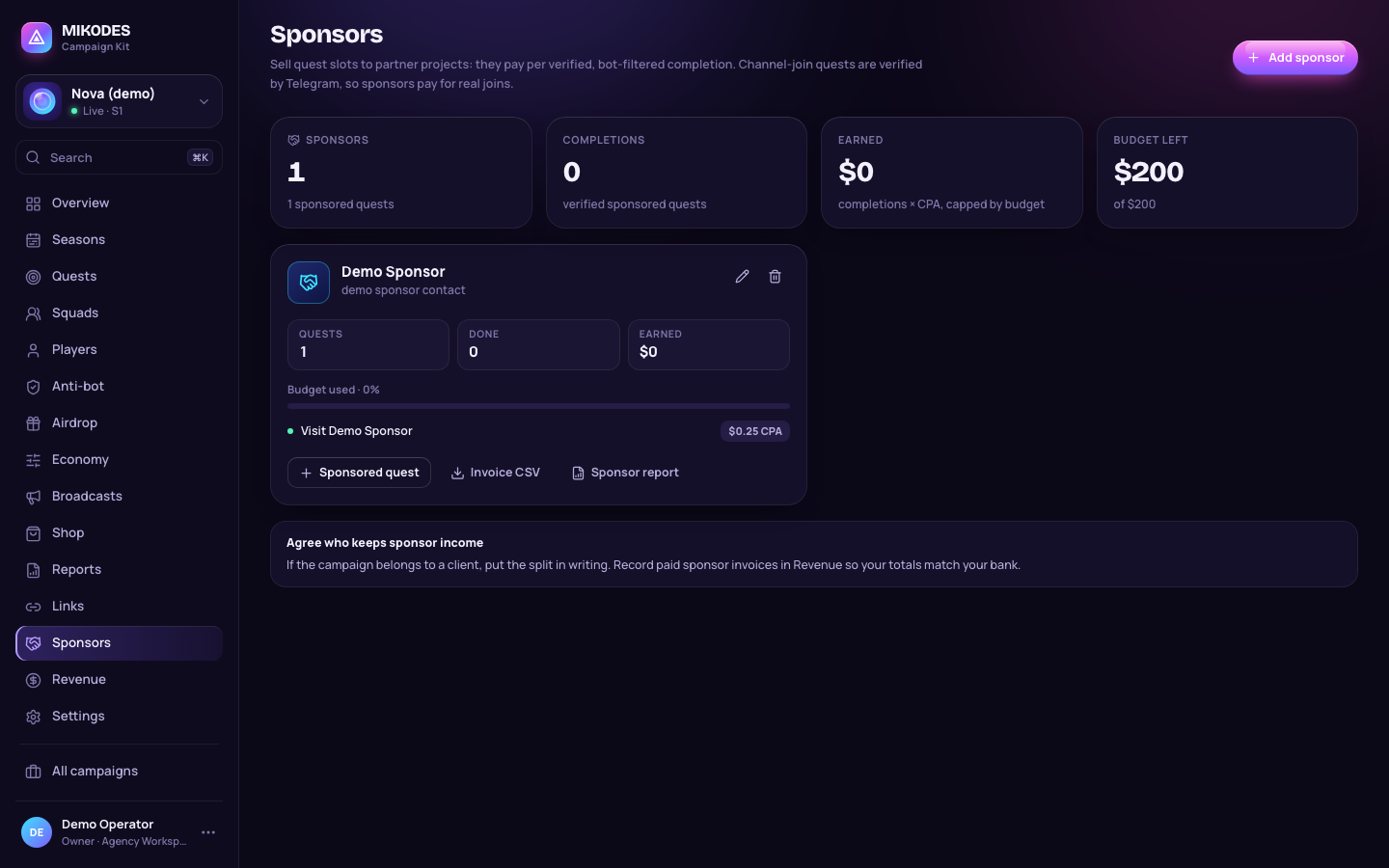Sponsors page with a demo sponsor, CPA, budget and invoice CSV