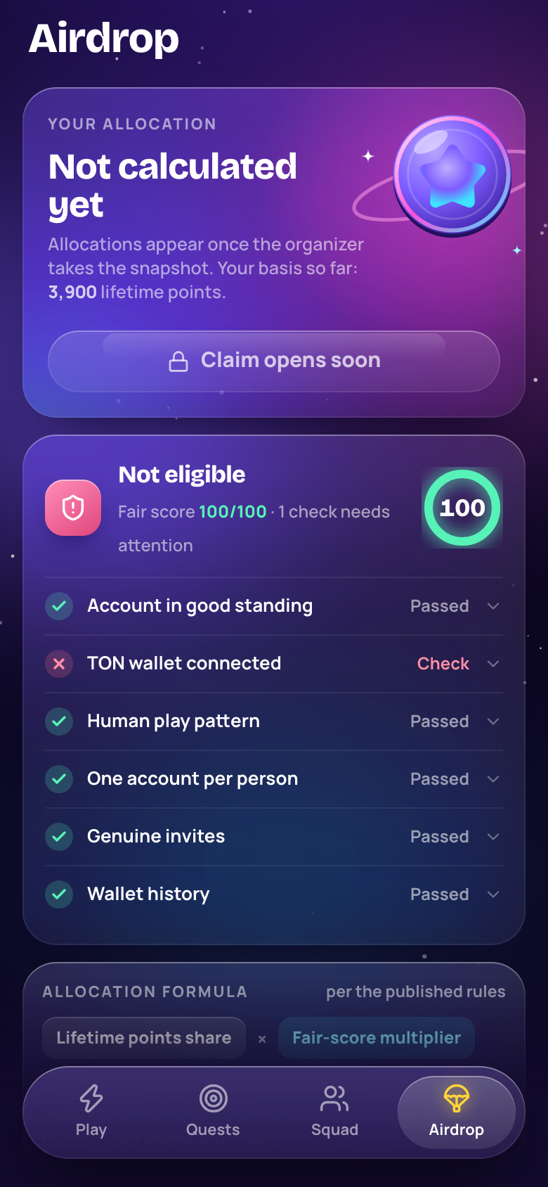 Mini App Airdrop screen: allocation not calculated yet, fair score 100 and the list of eligibility checks