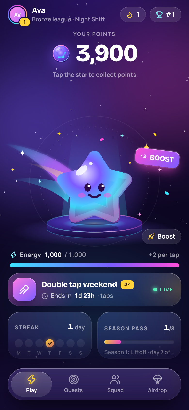 Mini App Play screen: points balance, the star mascot, energy bar, a live double-tap event, streak and season pass progress