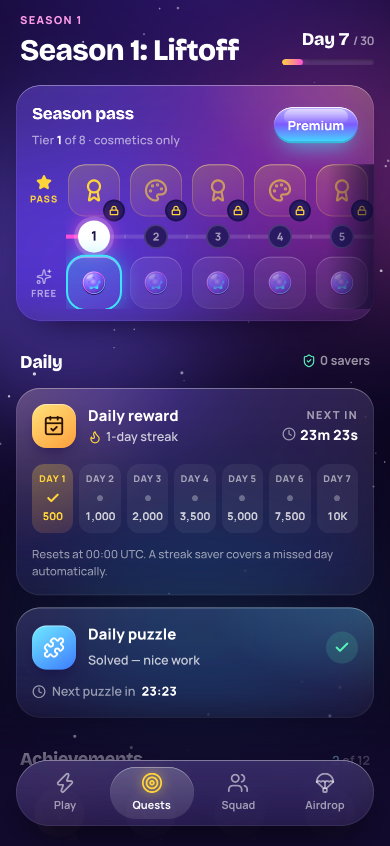 Quests screen with season pass track, daily reward streak and the daily puzzle