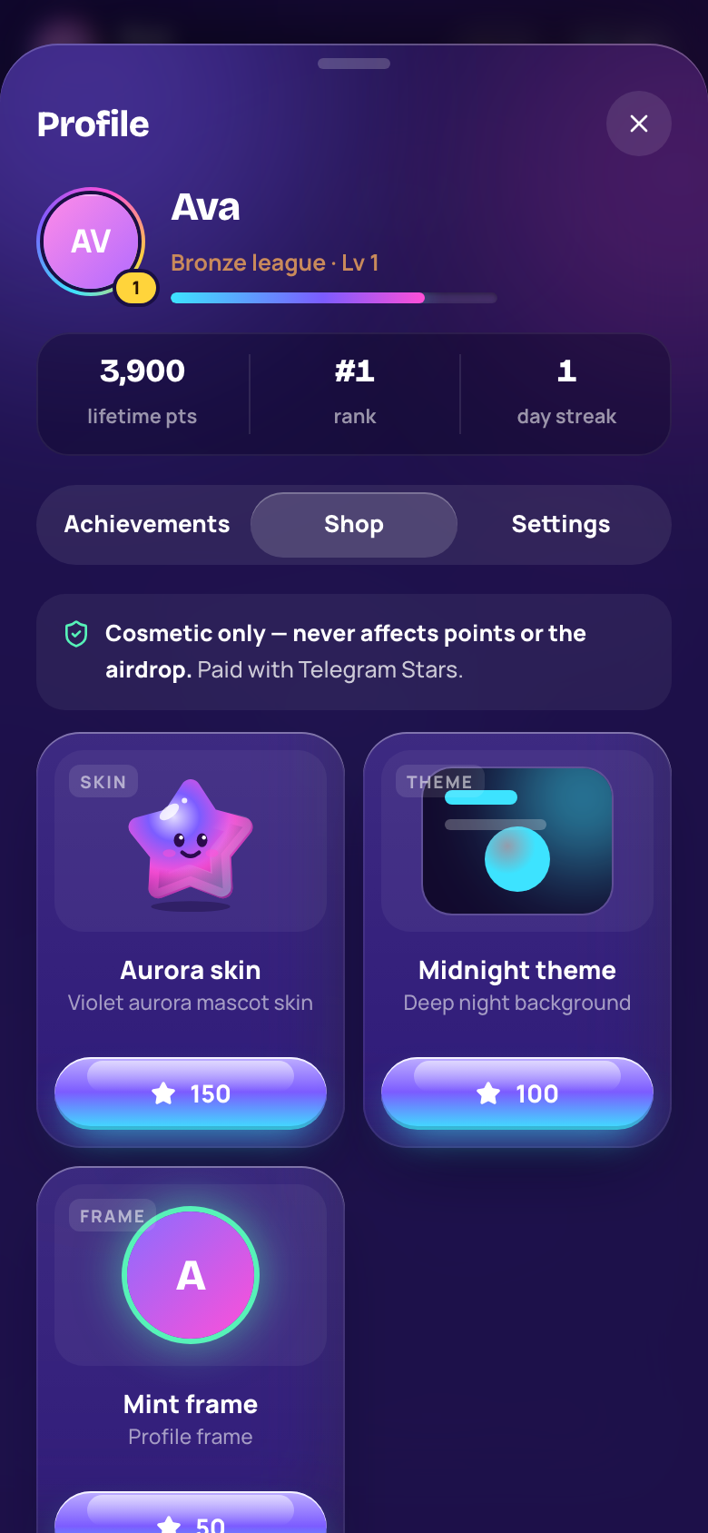 Profile shop with a skin, a theme and a frame priced in Telegram Stars, labelled cosmetic only