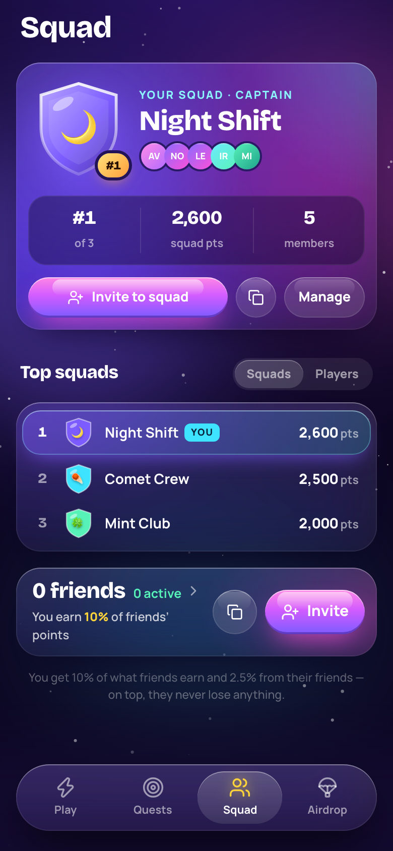Squad screen showing the player's squad Night Shift and the top squads