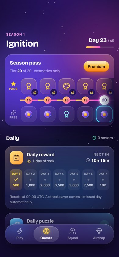 Quests tab with season card, daily reward and puzzle